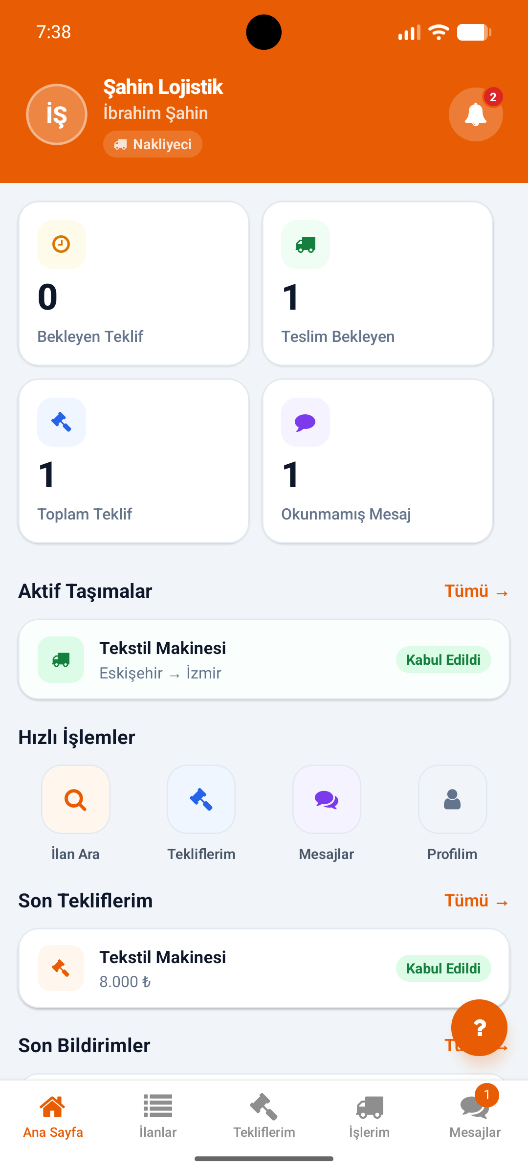 Nakliyeci ana sayfa ekranı