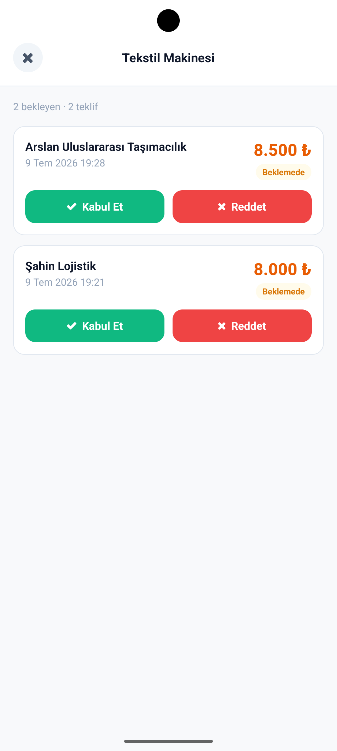 Yük sahibi teklifler ekranı